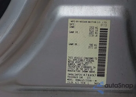 2015 Nissan Altima 2.5 S from USA, damaged, VIN 1N4AL3AP5FC474497